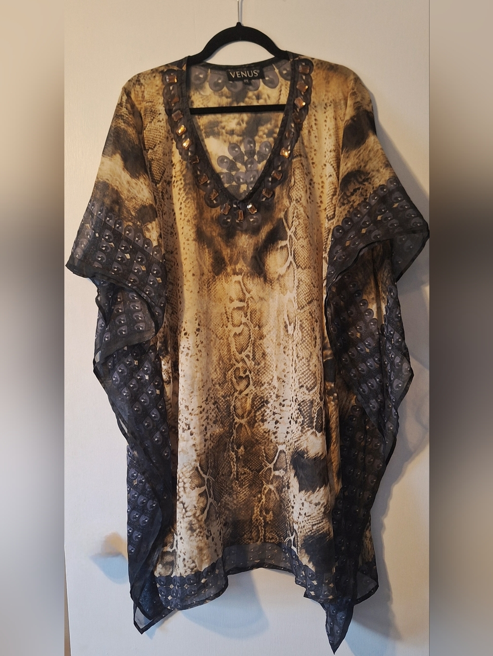 VENUS Brown Snake-Print Beaded V-Neck Sheer Tunic